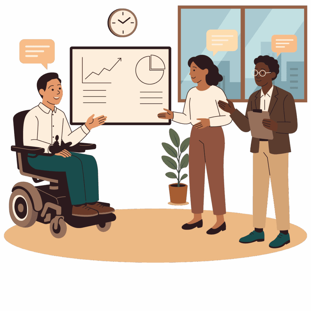 Illustration of person in electric wheelchair with team members and planning board