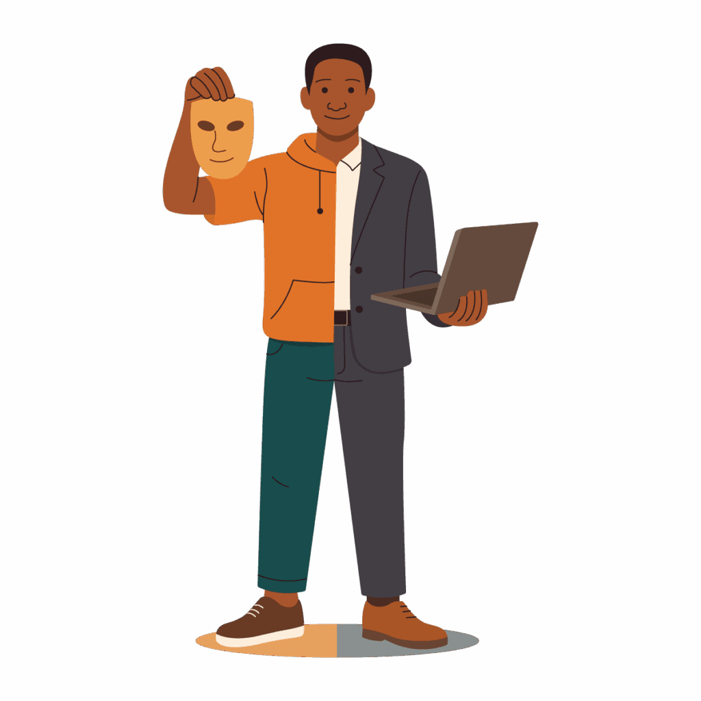 Illustration of man holding theatrical mask and laptop representing authenticity and true identity