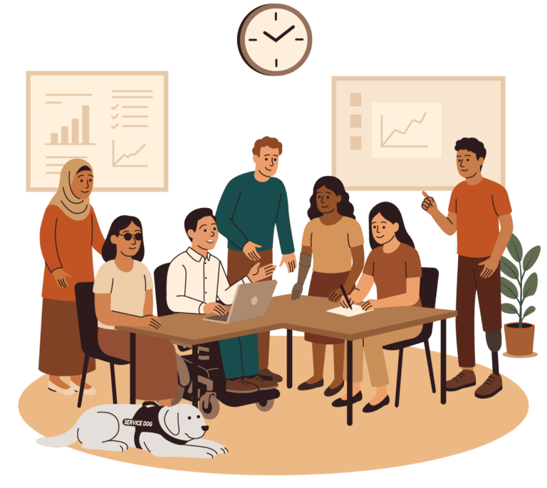 Illustratie van diverse team in workshop met servicedog, planningsborden en samenwerking