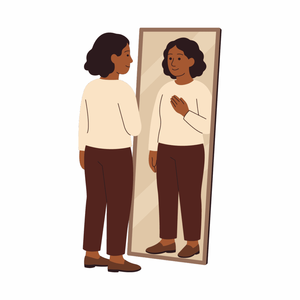 Illustration of woman looking at herself in mirror representing self-awareness