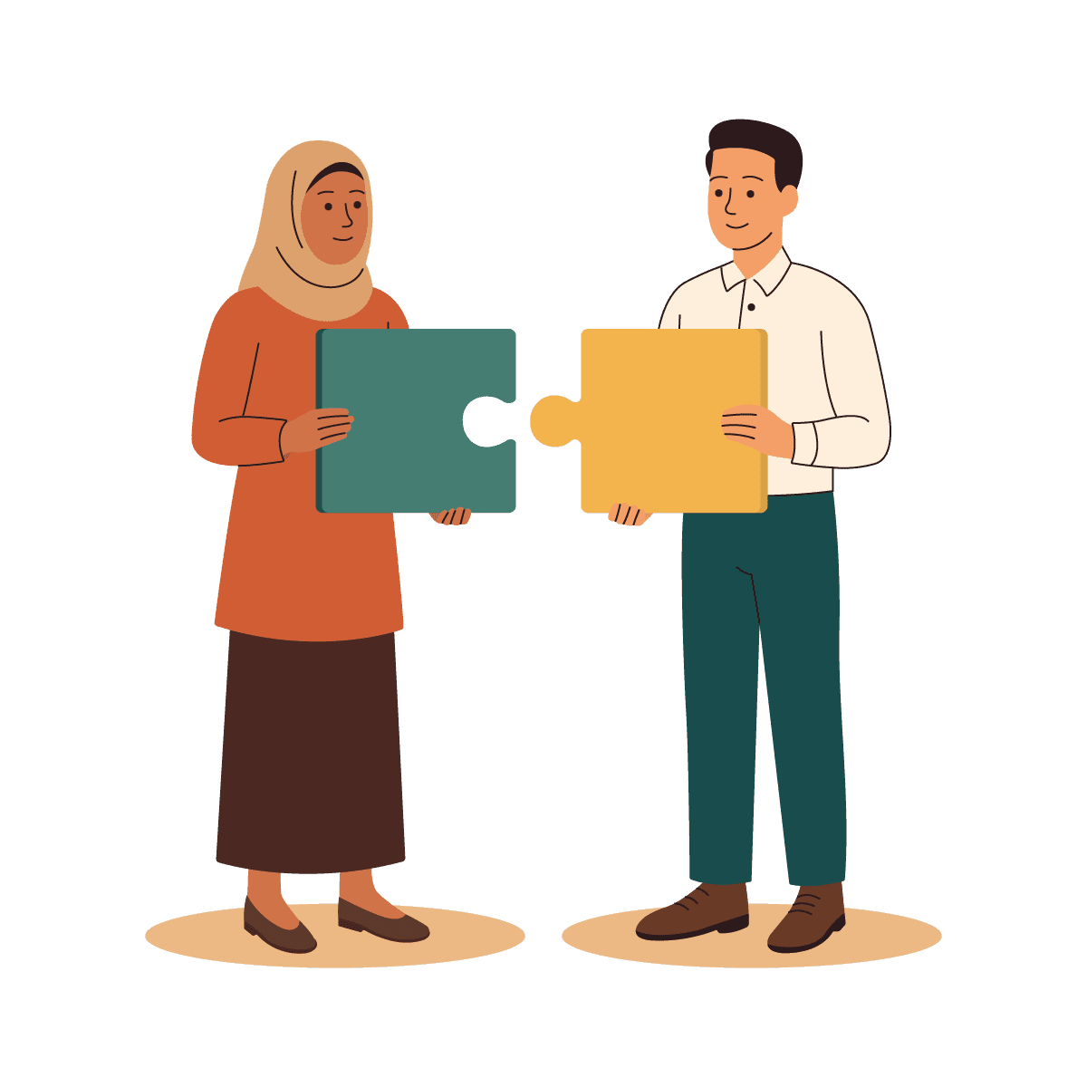Illustration of two diverse people holding connecting puzzle pieces representing partnership and compatibility
