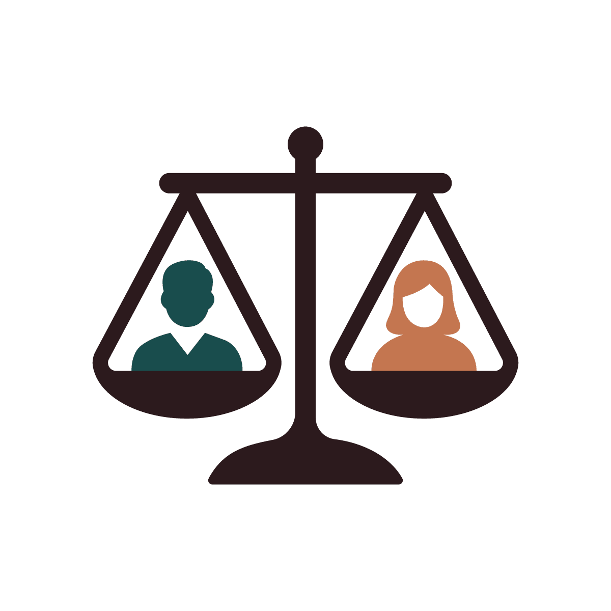 Illustration of balance scale with male and female figures representing equality and inclusion
