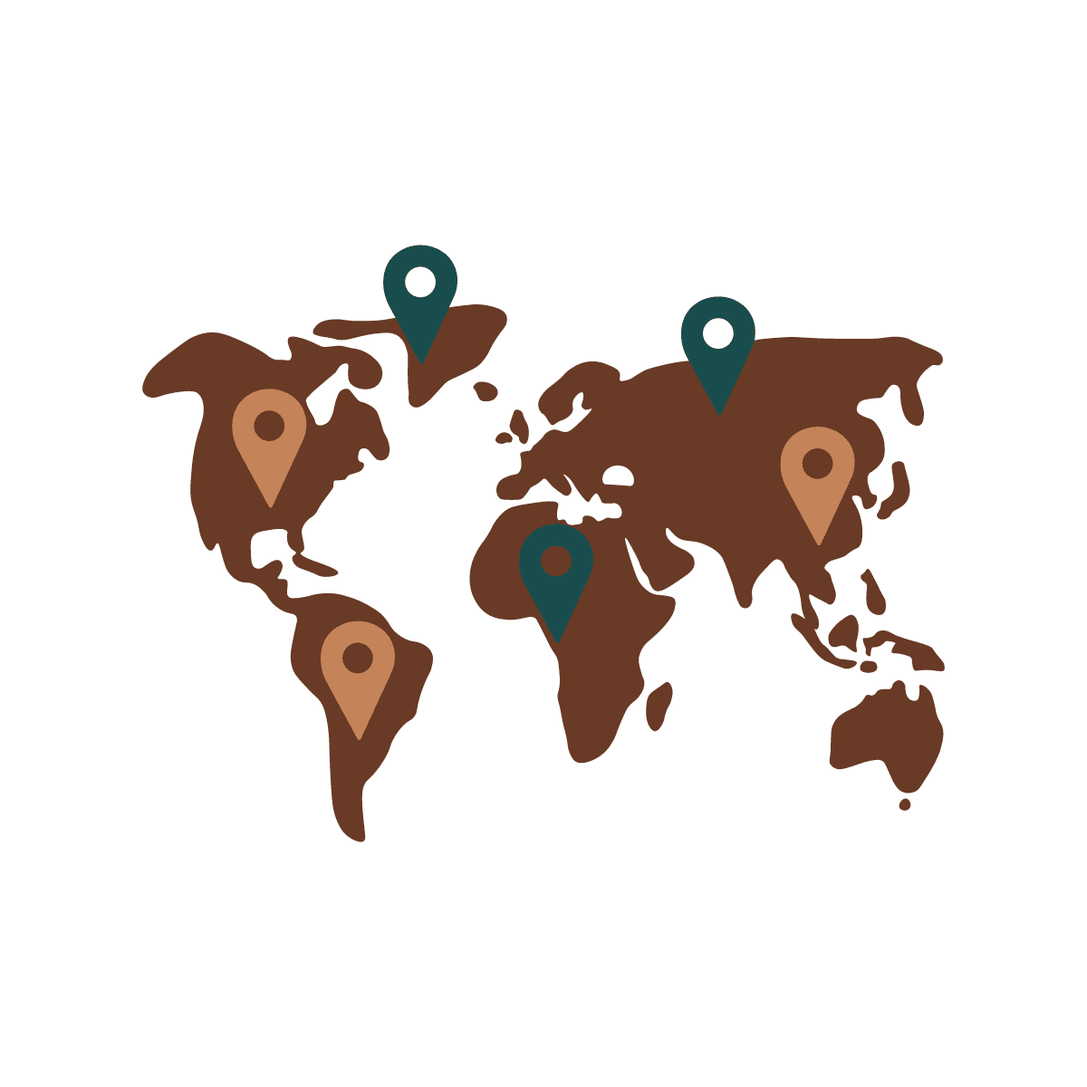 Illustration of world map with location pins representing global reach